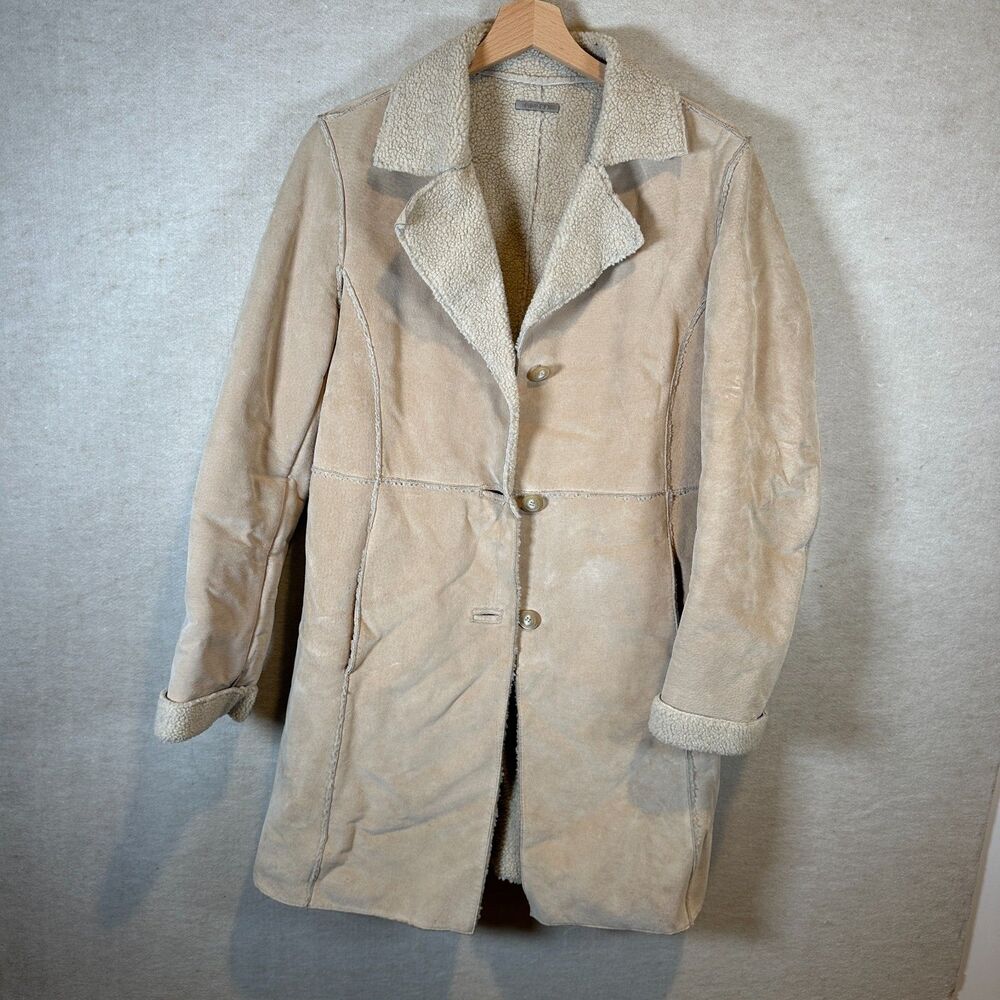 GUESS Beige Suede Leather Coat Womens Medium Faux Shearling Fleece Lined